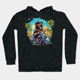 A playful t-shirt design featuring a cartoon Rottweiler Dog wearing a motorcycle helmet Hoodie